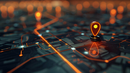 A digital map displaying a location with two pins set, representing AI technology in GPS, innovation in delivery services, and map location for future transport logistics