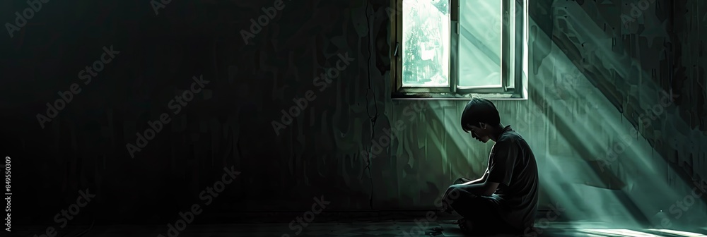 Poster a lone person sits in a dim room, their face partially obscured by shadows, as a single ray of sunli