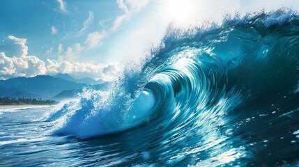 Majestic turquoise barrel wave crashing under bright blue sky, highlighting power & beauty of ocean, creating perfect scenic summer beach atmosphere.