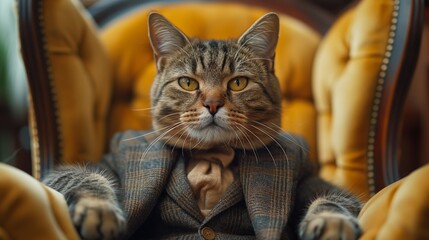 Cat wearing a stylish suit sitting on an elegant armchair