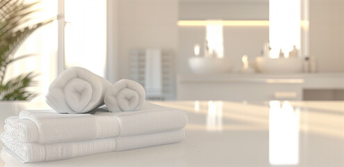 Serene Minimalist Bathroom Interior with Stacked Luxury Towels on White Countertop Close-Up