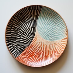 Decorative ceramic painted plate, handmade, isolated, closeup top view.