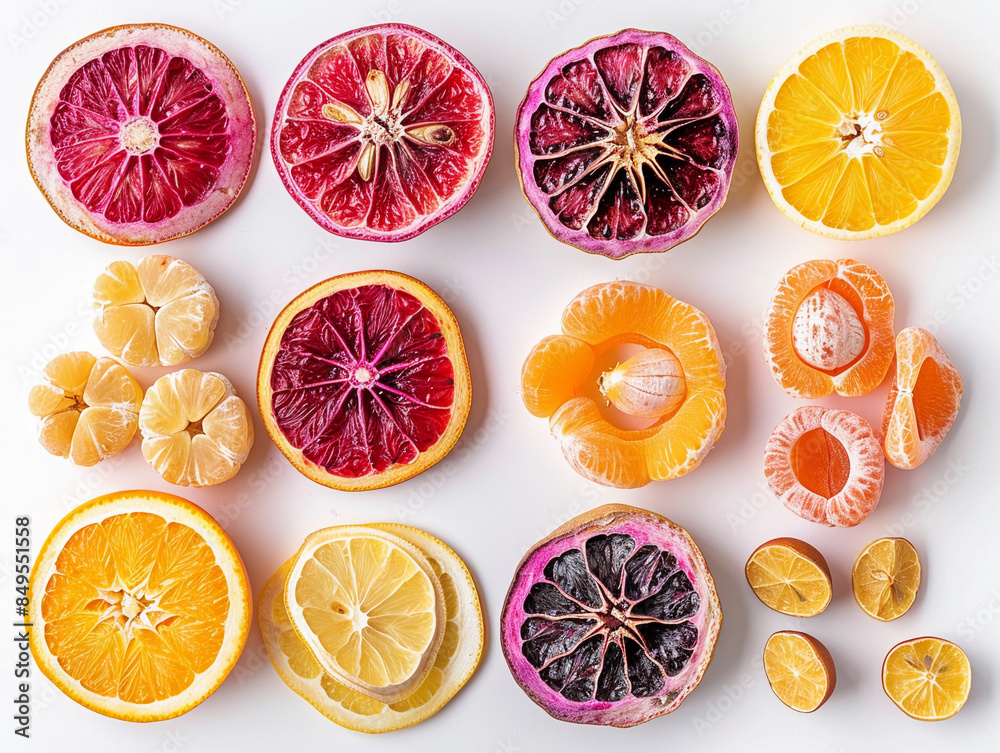 Sticker Assorted Citrus Fruit Slices on White Background