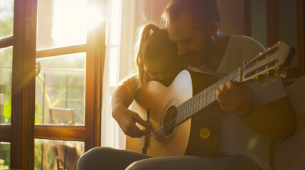 Father teaching his daughter to play guitar during an enjoyable home music lesson with sunlight streaming through the window.