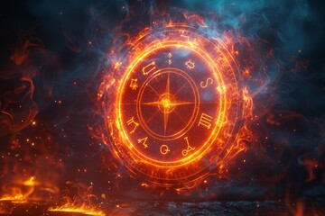 Obraz premium Fiery Compass With Zodiac Symbols