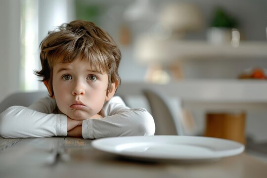 Young Boy Sitting At Table With Empty Plate