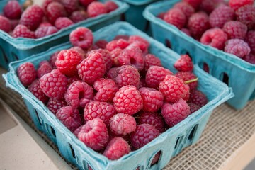 Blue cartons filled with bright red raspberries showcased at a local market