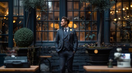 Obraz premium Confident Businessman in a Stylish Suit Posing Outdoors Against an Elegant Backdrop