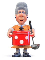 3D illustration of a grandmother cooking lunch on a gas stove