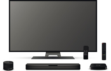 Realistic smart tv with remote control, sound bar, tv set-top box and smart speaker