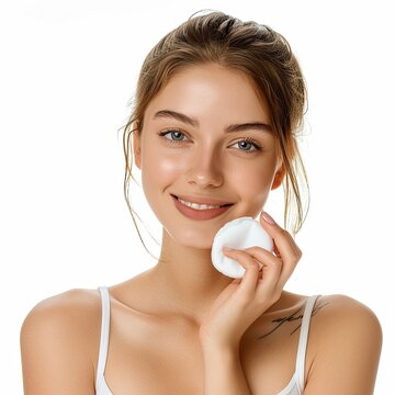 Young beautiful woman with a cotton pad on a white background