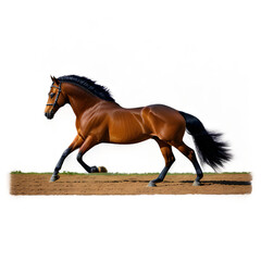 A magnificent portrait of a brown horse in motion, showcasing its powerful and graceful stride