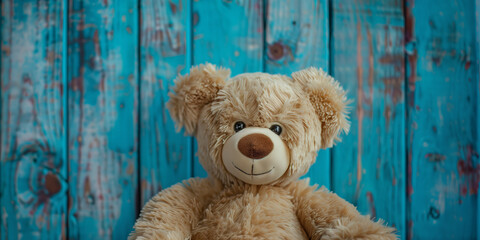 Obraz premium Cute brown teddy bear friend toy sitting against blue wooden plank background, children's room concept.