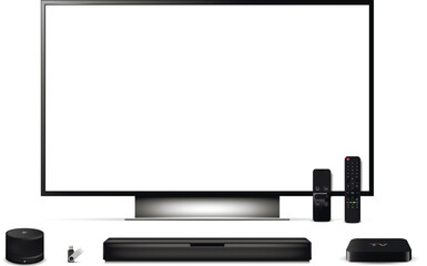 Modern oled tv with sound bar, tv set-top box, smart speaker, remote control and usb flash drive