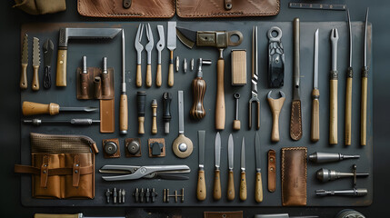 A collection of tools and equipment, including knives, scissors, and pliers