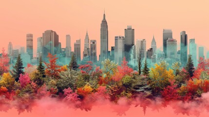 Obraz premium Abstract Cityscape Collage with Colorful Autumn Forest and Modern Skyscrapers