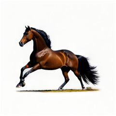 A magnificent portrait of a brown horse in motion, showcasing its powerful and graceful stride