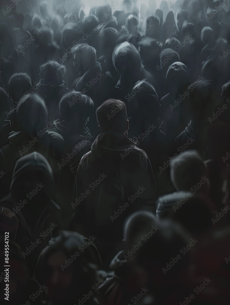 Poster A lone individual stands in a crowded room, their back to the viewer, with the background blurred to emphasize their isolation. Generative AI