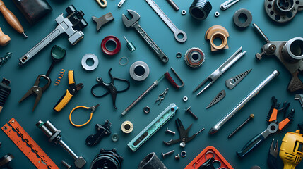 Fototapeta premium A table with many items on it, including a camera, a hammer, and a knife