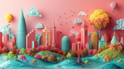 Obraz premium Creative Abstract Cityscape with Vibrant Colors and Fantasy Elements