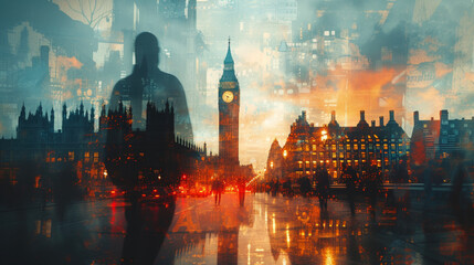 Double exposure photography of business man walking the street of beautiful London city, business, professional.