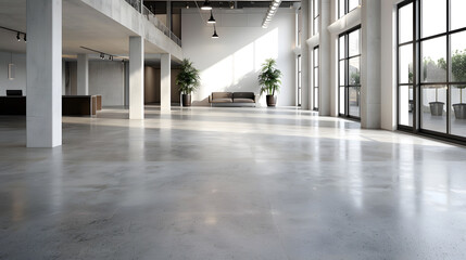 A large, empty room with a lot of windows and a concrete ceiling