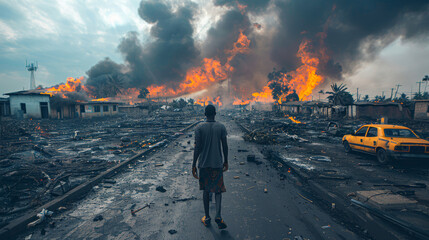 Naklejka premium Person Walking Through Devastated Village in Crisis Scene with Buildings Burning and Smoke in Background
