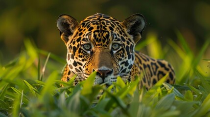 Obraz premium A majestic jaguar with piercing green eyes peers through dense foliage, its spotted coat camouflaged against the vibrant green backdrop of the Amazon rainforest