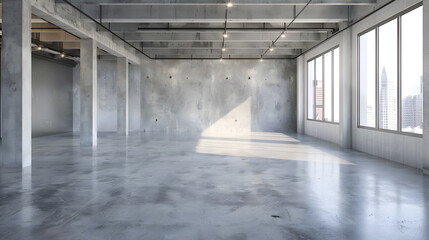 A large, empty room with a lot of windows and a concrete ceiling