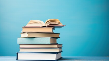 Fototapeta premium Stack of Books on a Blue Background