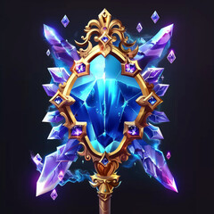 Crystal gem stone clusters with glowing light aura, quartz or crystalline mineral, designed in vector game style