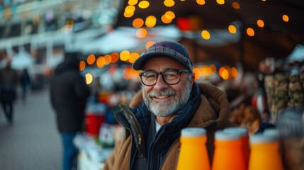 Obraz premium Smiling Man Enjoying Tailgate Event with Orange Juice Bottles and Decorative Lights