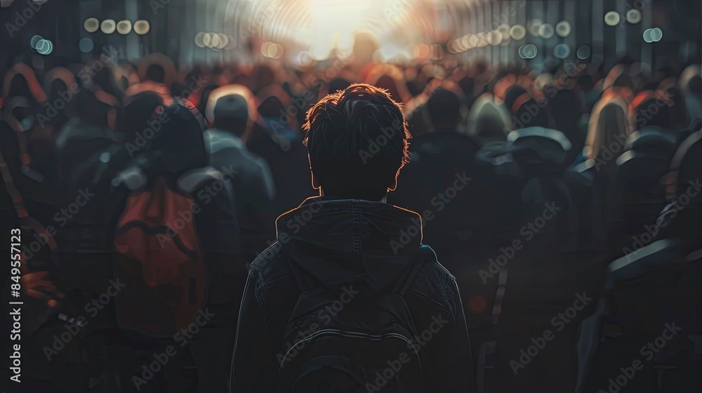 Aufkleber a single person stands in a dense crowd, their back turned to the camera, while the background blurs