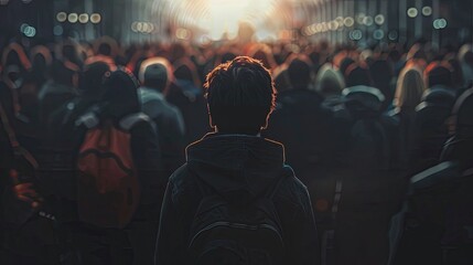 Fototapeta premium A single person stands in a dense crowd, their back turned to the camera, while the background blurs, highlighting their sense of isolation. Generative AI