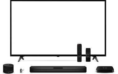 Modern oled tv with remote control, sound bar, tv set-top box, smart speaker, usb flash drive
