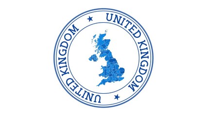 United Kingdom intro. Badge with the circular name and map of the country. United Kingdom round logo animation. - Powered by Adobe