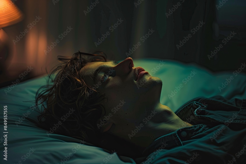 Poster a man lies on a bed in a dimly lit room, looking up at the ceiling with a blank expression. the back