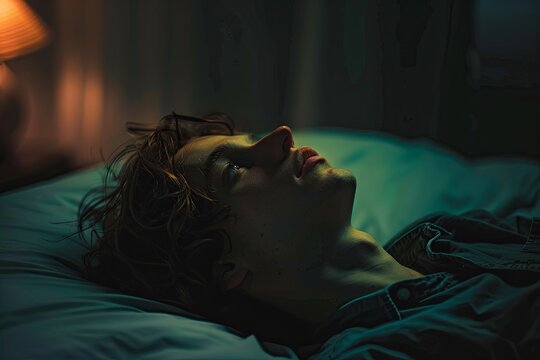 A man lies on a bed in a dimly lit room, looking up at the ceiling with a blank expression. The background is blurred, conveying a sense of emptiness and despair. Generative AI