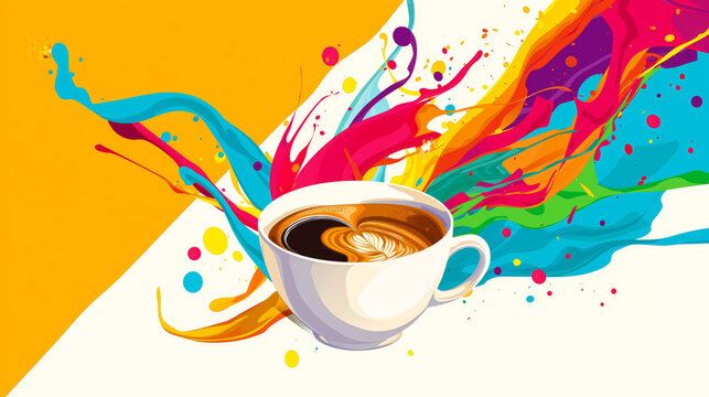 Graphic interpretation of coffee cup with dynamic swirls and splashes set against a lively colored block setting.