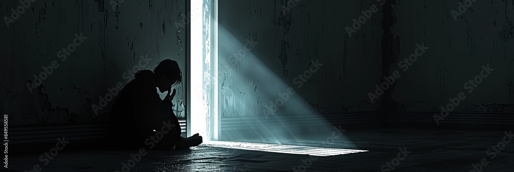 Poster alone in a dark room, lit by a single beam of light from a window. face obscured by shadows, exuding