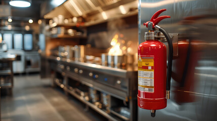 A sleek and modern commercial kitchen with a prominent fire extinguisher in the foreground, ensuring safety amid busy culinary activities.