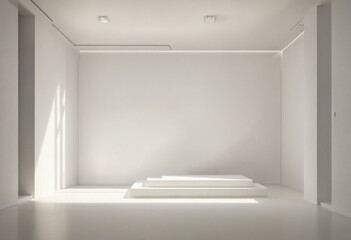Interior architecture concept design with empty three-dimensional room and sunlight highlighting white podium