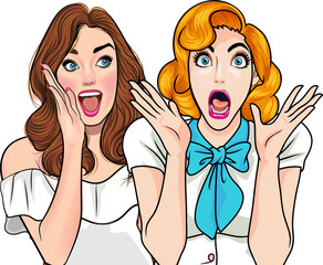 Woman whispering gossip or secret to her friend pop art comics style