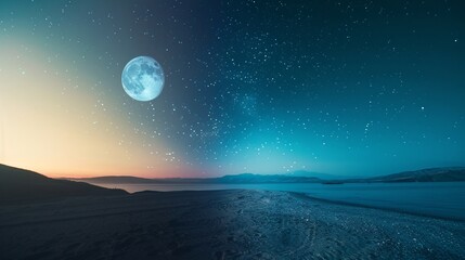 Beautiful Night Sky with Full Moon Over Serene Beach - Powered by Adobe
