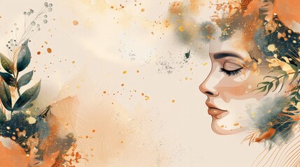 Abstract woman botanical background vector. Luxury wallpaper with gold glitter, earth tone watercolor, leaves, face, flower and tree. Minimal design for prints, text, packaging.