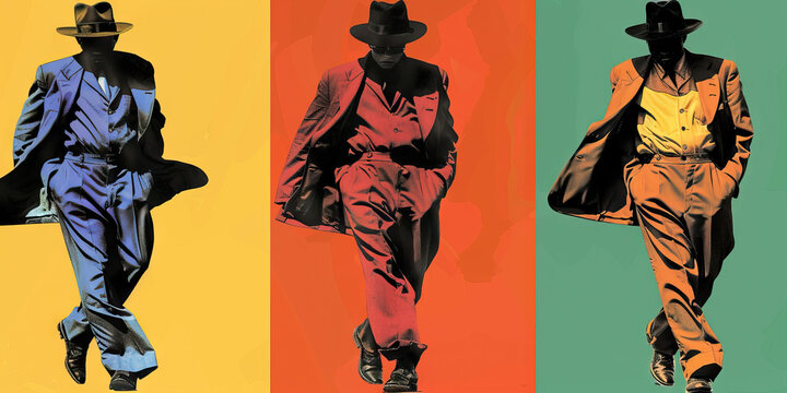 Fashion (Zoot Suit): A figure wearing a zoot suit, symbolizing the bold and exaggerated fashion trend of the 1940s