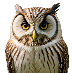 A striking portrait of an owl, showcasing its intense, bright yellow eyes and distinctive facial markings