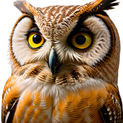 A striking portrait of an owl, showcasing its intense, bright yellow eyes and distinctive facial markings