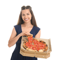 Beautiful young woman with tasty pizza isolated on white background