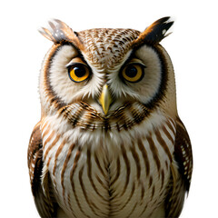 A striking portrait of an owl, showcasing its intense, bright yellow eyes and distinctive facial markings